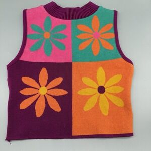 90s Y2K Daisy Flower Sweater Vest Womens Small Retro Colorblock Knit Debut S/M
